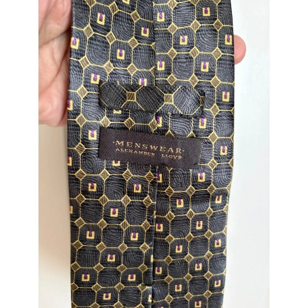 Alexander Lloyd Menswear Silk Tie Geometric Gold Purple Black Extra Long XL
